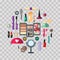 Beauty store with cosmetic objects mascara, gloss, eyeshadow, lipstick, cream, blush, perfume. Make-up objects. Vector