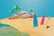 Beauty summer beach, surfboard, sand, palm tree background animation 3d rendering