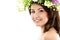 beauty summer portrait of young beautiful woman face with garland of field fresh natural wild flowers