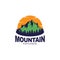 Beauty sunset in the mountain view logo design, mountain explorer logo vector illustration