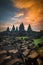 the beauty of the sunset at Prambanan temple