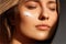 Beauty, suntan spf and skincare cosmetics model face portrait, woman with moisturising cream, sunscreen product or sun