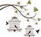 Beauty tree silhouette with birds flying and bird in a cage