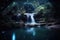 Beauty of a waterfall illuminated by the ethereal glow of the moonlight. Generative AI