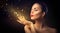 Beauty woman blowing magic dust with golden hearts