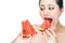 Beauty woman enjoy eating watermelon with red lips, Greedy, bite