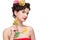 Beauty woman with fruit bodyart and fruit c