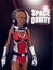 Beauty woman on the Mars station.  Dressed space suit. Rocket landing to the Mars planet. Sci-fi fantasy. Retro style colored. Vec