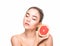 Beauty woman with orange citrus grapefruit with healthy skin body. Attractive fresh vitamin. Skin care and cosmetology concept.