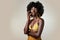 Beauty, yellow fashion or makeup with a black woman model in studio on a gray background with mockup. Cosmetics, style