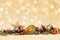 BEAUTYFUL CHRISTMAS DECOR ORNAMENT IN LINE. GOLDEN BOKEH BACKGROUND