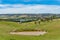 Beautyful landscape with lake and sheep. Countryside scene