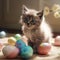 beautyful sweet grey tabby Baby Cat staying in a room with flowers and looking on a couple of beautyful decorated easter
