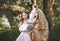 Beautyful  woman in dress with horse