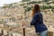 Beautyful woman looking on Modica old baroque town