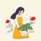Beautyful young woman in dress with flower. Trendy line art minimalism style