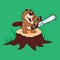Beaver holding a chainsaw standing on a stump on a green background, illustration