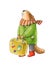 Beaver in a jacket and scarf holding the suitcase