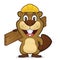 Beaver wearing a construction hat and holding a plank of wood