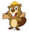 Beaver wearing a hard hat and holding a plank of w