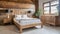 Bed with barn wood headboard and rustic bedside cabinet. Farmhouse interior design of modern bedroom