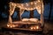Bed on beach with lights, romantic exotic landscapes
