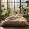 Bed with beige bedding in room with many green houseplant