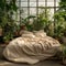 Bed with beige bedding in room with many green houseplant