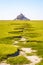 The bed of a dried-up stream snaking in the salt meadow opposite the Mont Saint-Michel tidal island in Normandy, France