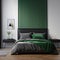 Bed with green bedding near white wall with black wainscoting and poster. Interior design of modern bedroom