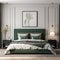 Bed with green bedding near white wall with black wainscoting and poster. Interior design of modern bedroom