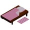 Bed for one person, brown with light lilac linen, pillow and blanket, foot mat on the floor