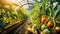 Bed of red and green tomatoes growing in greenhouse, garden. Agricultural plant. Farm harvest