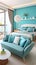 a bed room with a neatly made bed and a couch Scandinavian interior Master Bedroom with Turquoise