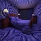 a bed in a room with purple swirls on the walls