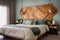 bed with a stylish wooden headboard and linens