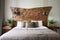 bed with a stylish wooden headboard and linens