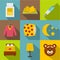 Bed time rest icon set, flat style