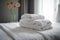 bed towel comfortable spa flower window welcome bath modern bedchamber. Generative AI.