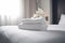 bed welcome bedchamber bath spa comfortable flower modern towel window. Generative AI.