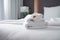 bedchamber welcome modern bath comfortable bed towel spa flower window. Generative AI.