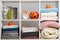 Bedding, towels, sheets on storage shelves for halloween celebration