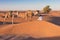 Bedouin and camel on way through sandy desert Beautiful sunset with caravan on Sahara, Morocco Desert with camel and nomads