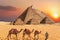 Bedouin with camels in the sunset desert in front of the famous Pyramids of Giza