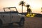 Bedouin camp with Land Rover in the foreground in the desert of Dubai - UAE