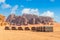 Bedouin camp among the red sands mountains and marthian landscape panorama of Wadi Rum desert, Jordan