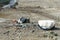 Bedouin houses in the desert near Dead Sea. Poor regions of the world. A indigent Bedouin sitting at the tent. Poverty