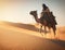 A Bedouin rides a camel through the desert dunes.