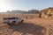 Bedouin`s car jeeps and tourists, Wadi Rum desert in Jordan, Middle East