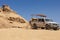 Bedouin`s car jeeps and tourists, Wadi Rum desert in Jordan, Middle East